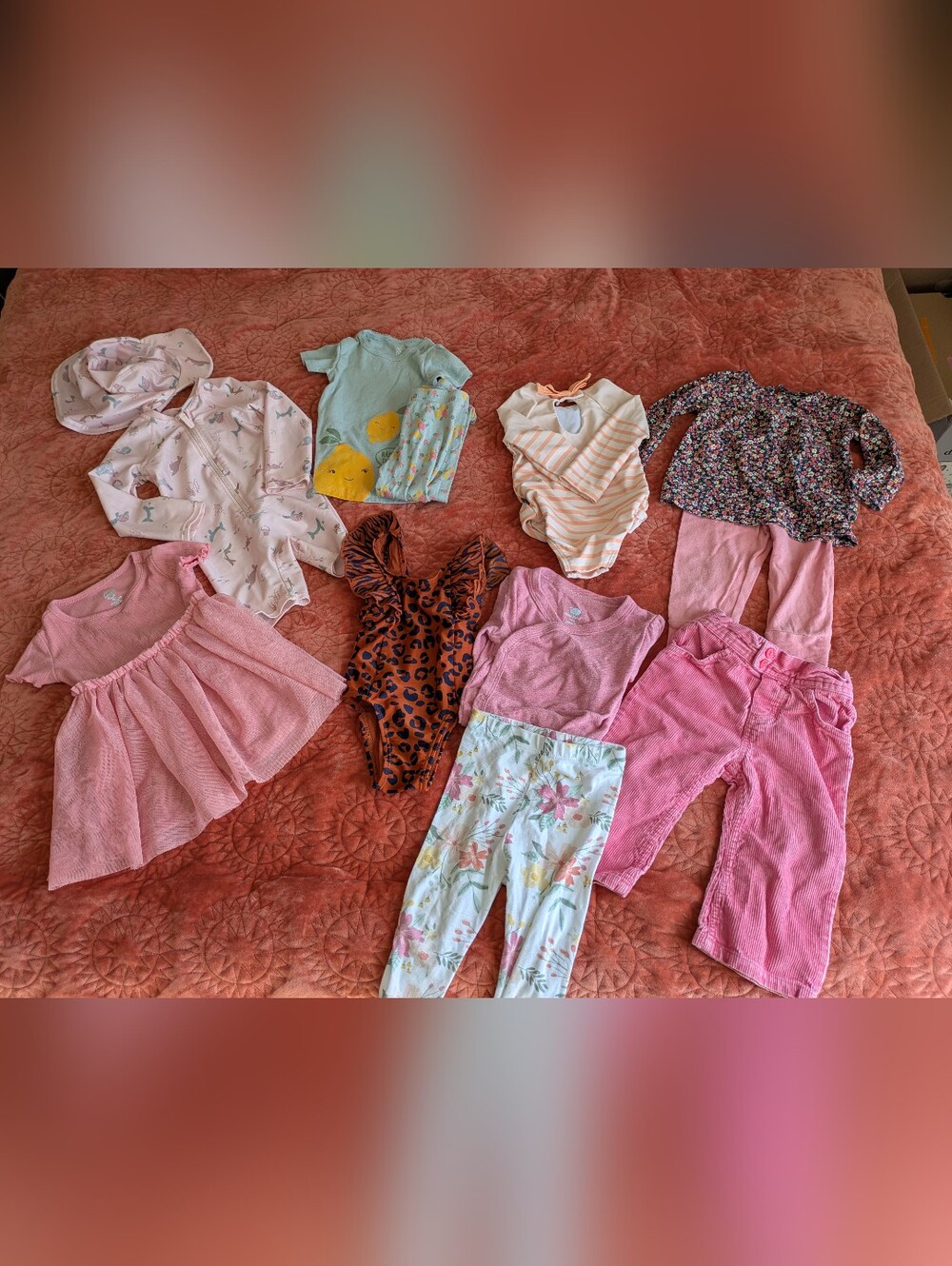 Toddler 9-12 Month Spring Summer Bundle- 3 Swimsuits, 1 Pajamas, 1 Dress & More